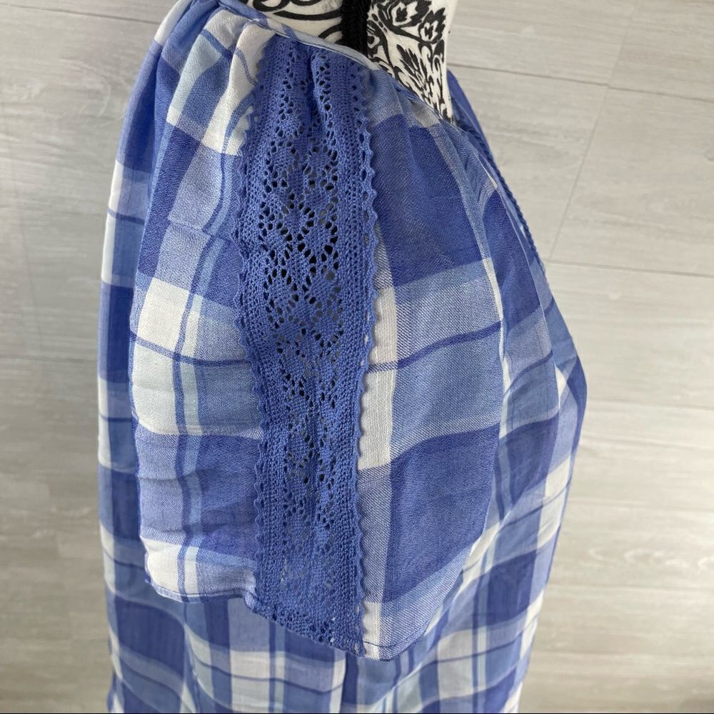 Como Vintage Blue Plaid Tie Collar Peasant Top - Picture 3 of 8